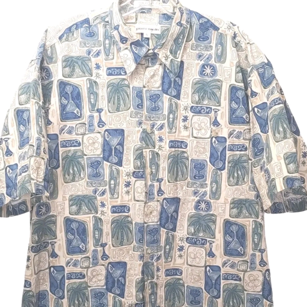 Pierre Cardin Hawaiian Shirt Men Large Tropical Palm Trees Cocktails